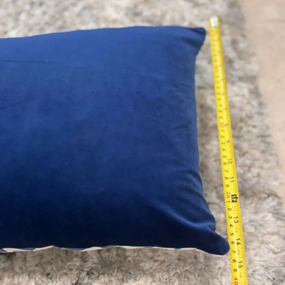 Blue White Geometric Velvet Throw Pillow Feather Filled 14x25 Lumbar Accent